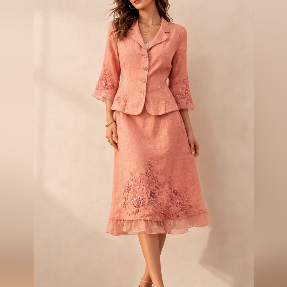 Sag HARBOR Pink Floral Embroidered Ruffle Linen Land Girl Midi Skirt Set